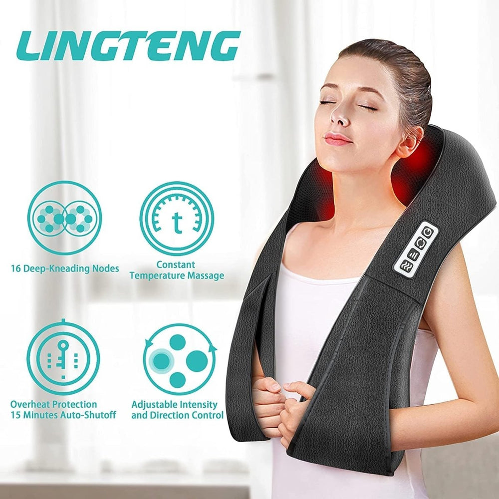 Draagbaar FlowRelief shiatsu massagekussen met warmtefunctie, perfect voor diepe ontspanning van nek en rug thuis.