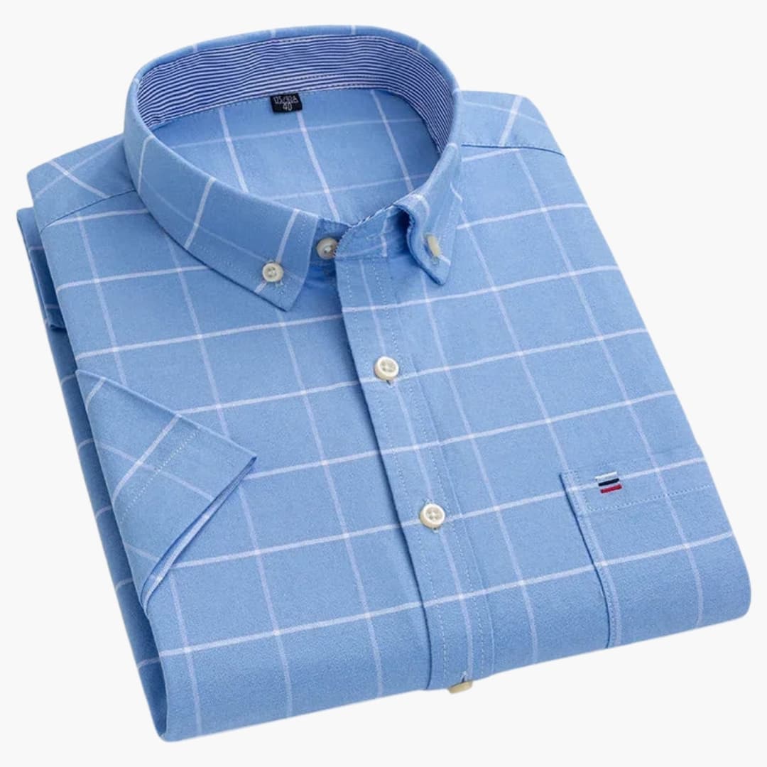 Heren overhemd korte mouwen, zakelijk geruit patroon. Comfortabele zomerkleding.