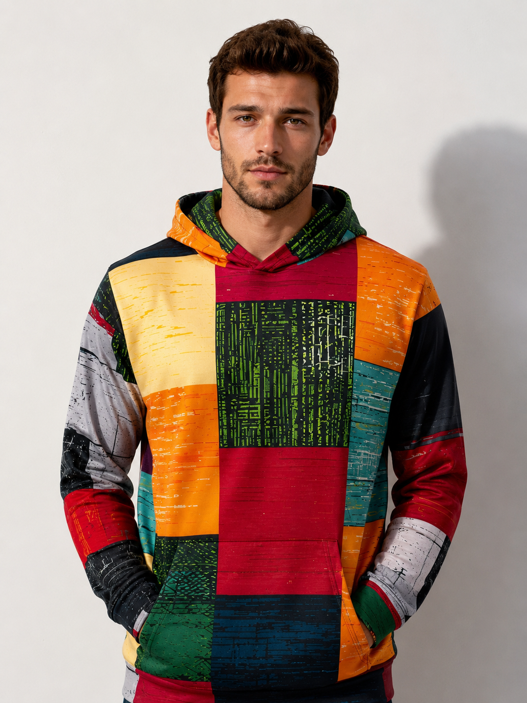Heren hoodie met kleurrijke 3D ruitprint in oranje, geel en rood gedragen door een man, frontaal.