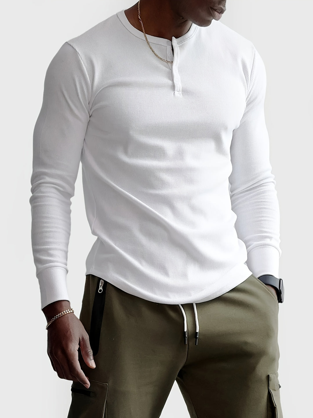 Heren geribd slim fit shirt met lange mouwen in detail