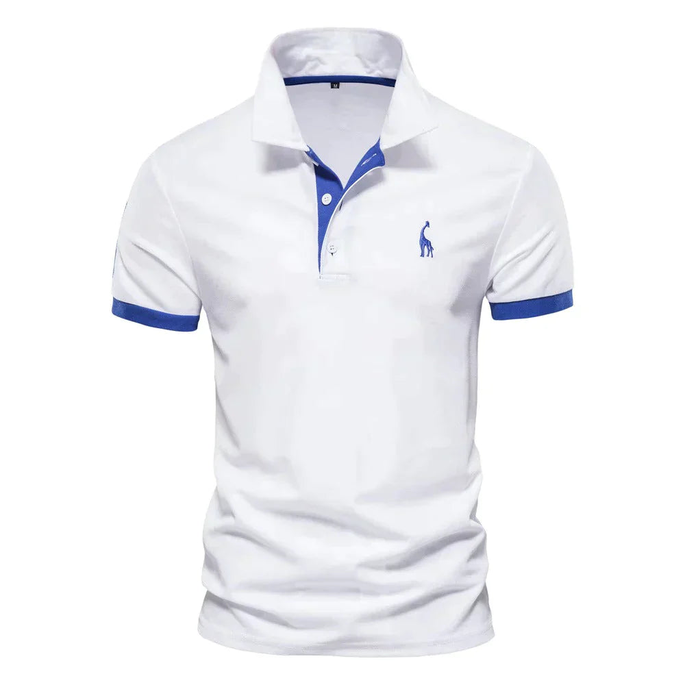 Wit heren polo T-shirt met korte mouwen en blauwe accenten