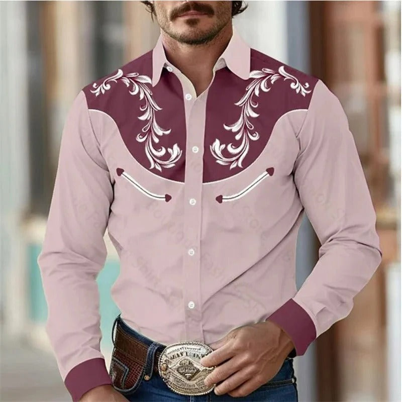 Heren western overhemd in roze met contrasterend design