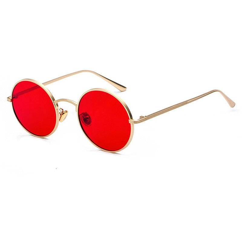 Moderne heren zonnebril met rond metalen montuur en spiegelende UV400 lenzen. Retro accessoire.