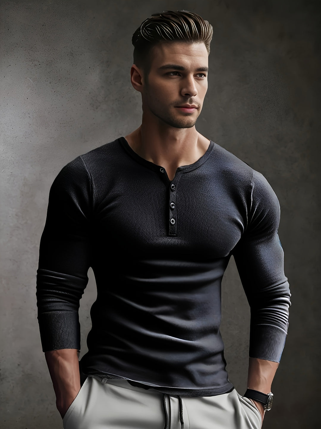 Casual geribd herenmode shirt getoond vanaf de zijkant