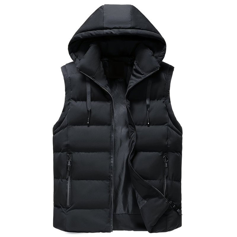 Zwarte heren bodywarmer met opstaande kraag en ritszakken