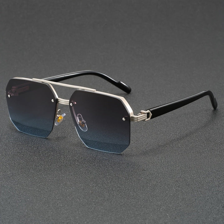 Moderne halfrandloze zonnebril in zilver met blauwe glazen