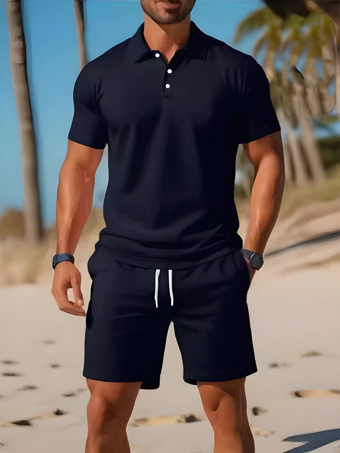 Casual heren sportset, lichtgewicht en ademend, geschikt voor zomerse dagen, vakantie en sport.