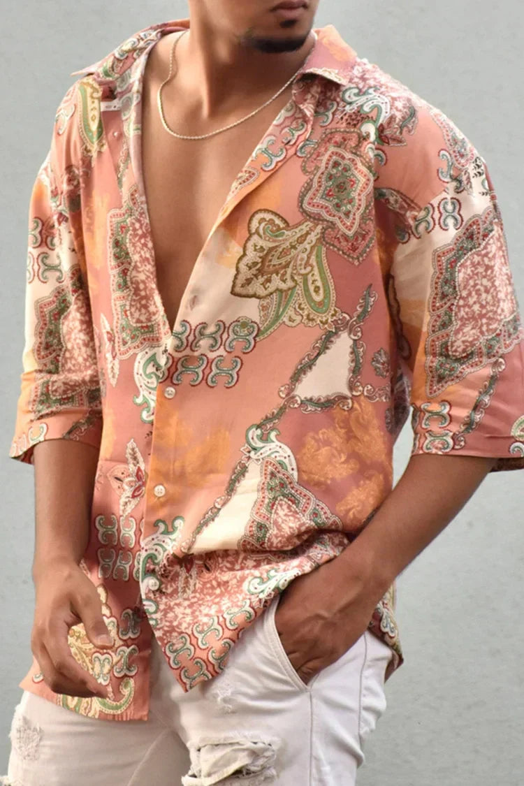 Heren overhemd: kleurrijke boho print, losse relaxed fit. Comfortabele casual stijl voor warme dagen.
