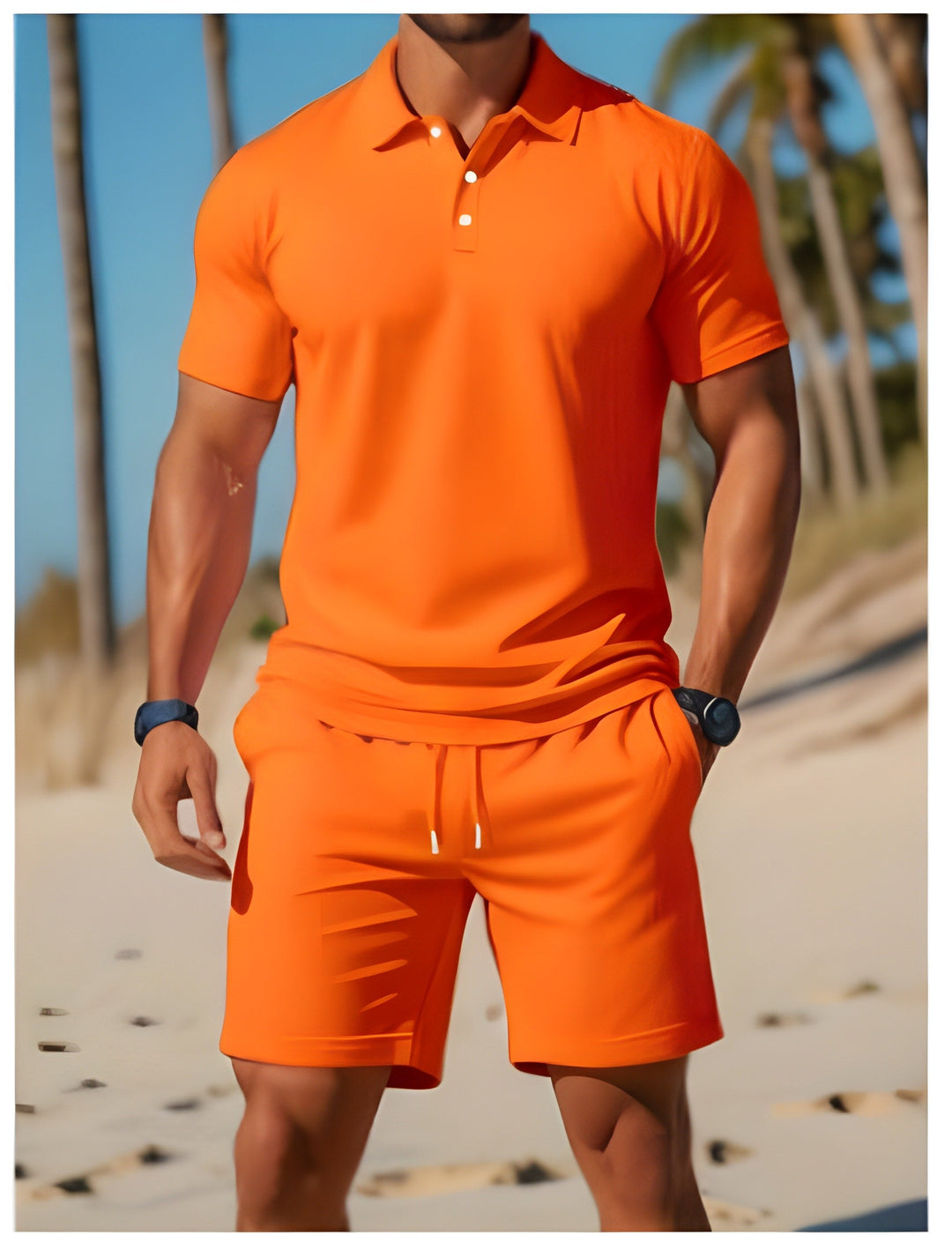 Comfortabele heren zomersportset met ademend mesh; ideaal voor strand, vakantie of golf.