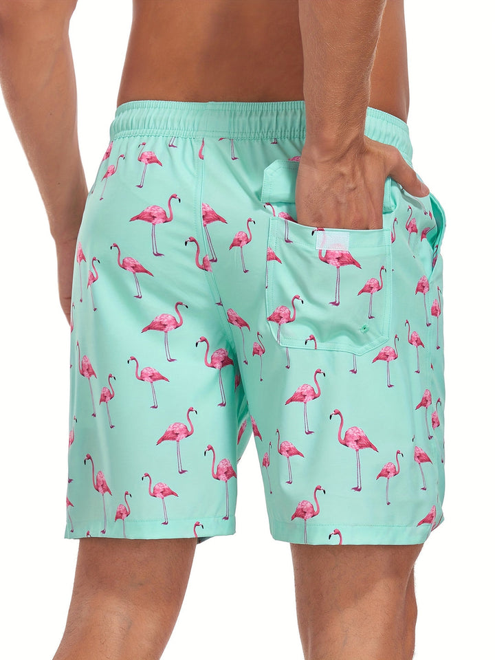 Zomerse heren zwembroek met levendige tropische flamingo print. Sneldrogend voor wateractiviteiten.