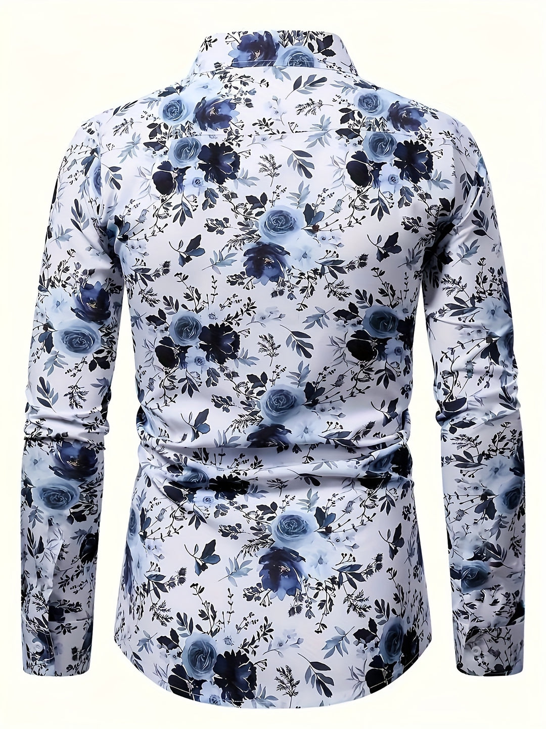 Detailopname van de fijne knoopsluiting en kraag op een bloemen overhemd voor heren