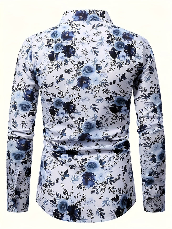 Detailopname van de fijne knoopsluiting en kraag op een bloemen overhemd voor heren
