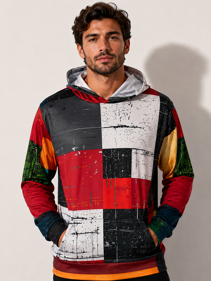 Comfortabele heren hoodie met opvallende 3D ruitprint in diverse kleuren, ideaal voor streetstyle.