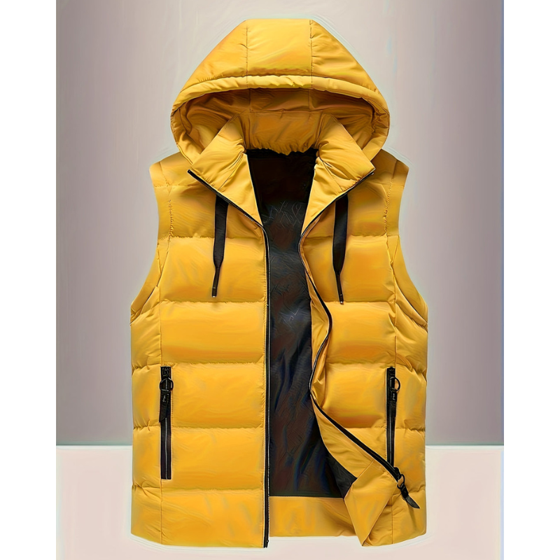 Gele heren bodywarmer met capuchon en zwarte accenten