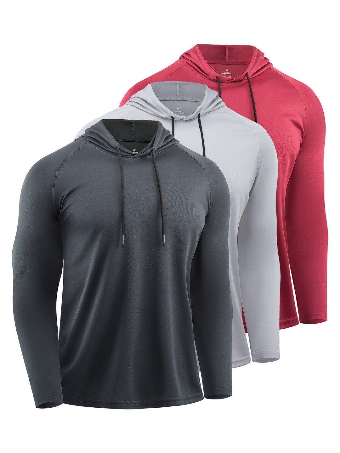 Set van drie ademende heren sport hoodies voor hardlopen en fitness in diverse kleuren.
