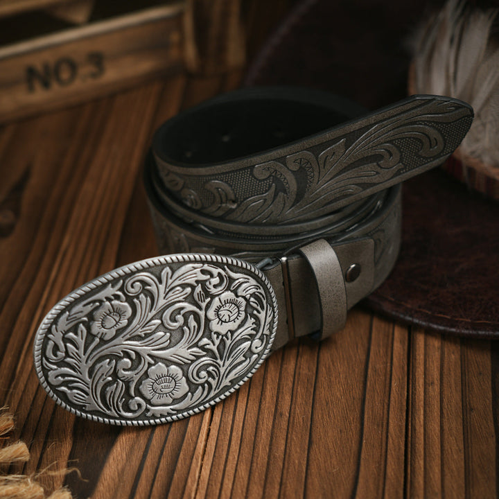 Grijze heren western riem met gedetailleerde zilverkleurige gesp en patroon