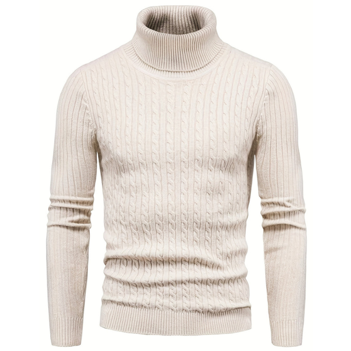 Beige gebreide herencoltrui met slim fit pasvorm en hoge col