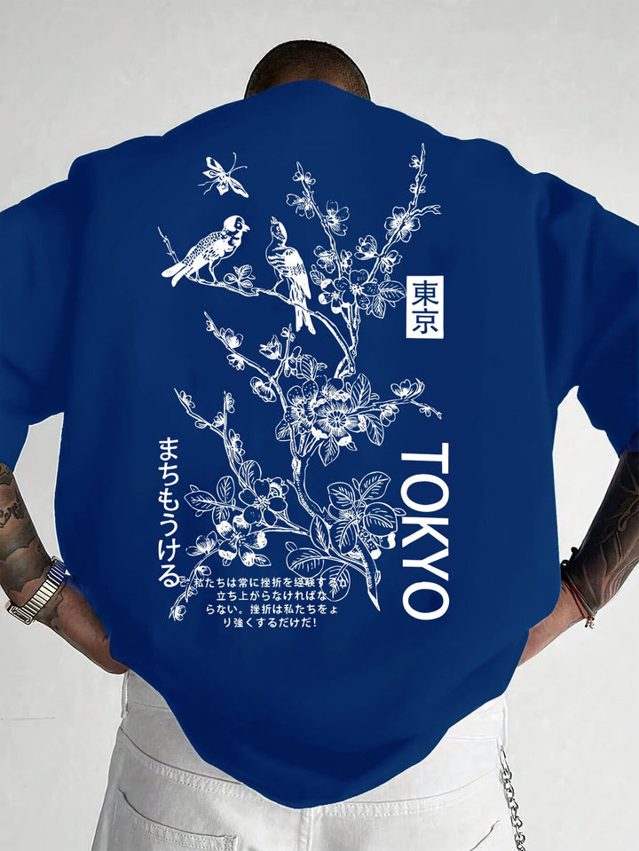 Casual heren T-shirt voor de zomer, modieus design met bloemen- en vogelprint.