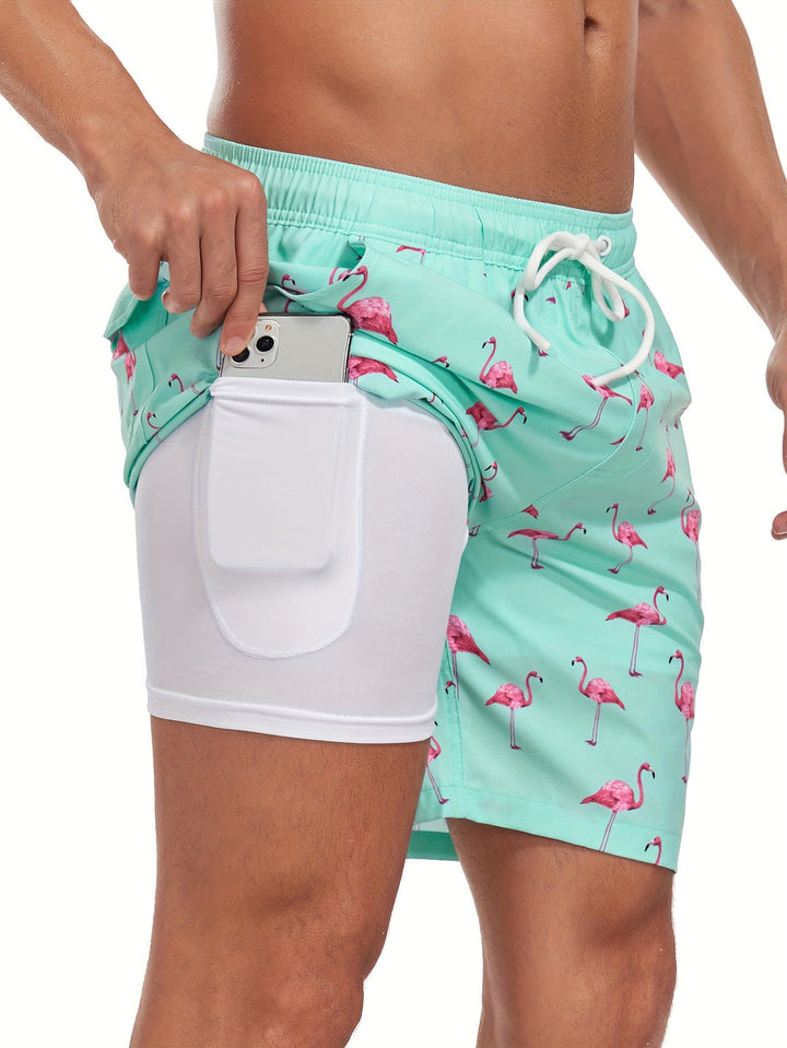 Stijlvolle heren zwemkleding, sneldrogend met grafische flamingo print. Ideaal voor zwemmen of strand.