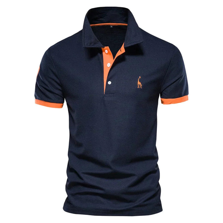 Donkerblauw heren polo T-shirt met korte mouwen en oranje accenten