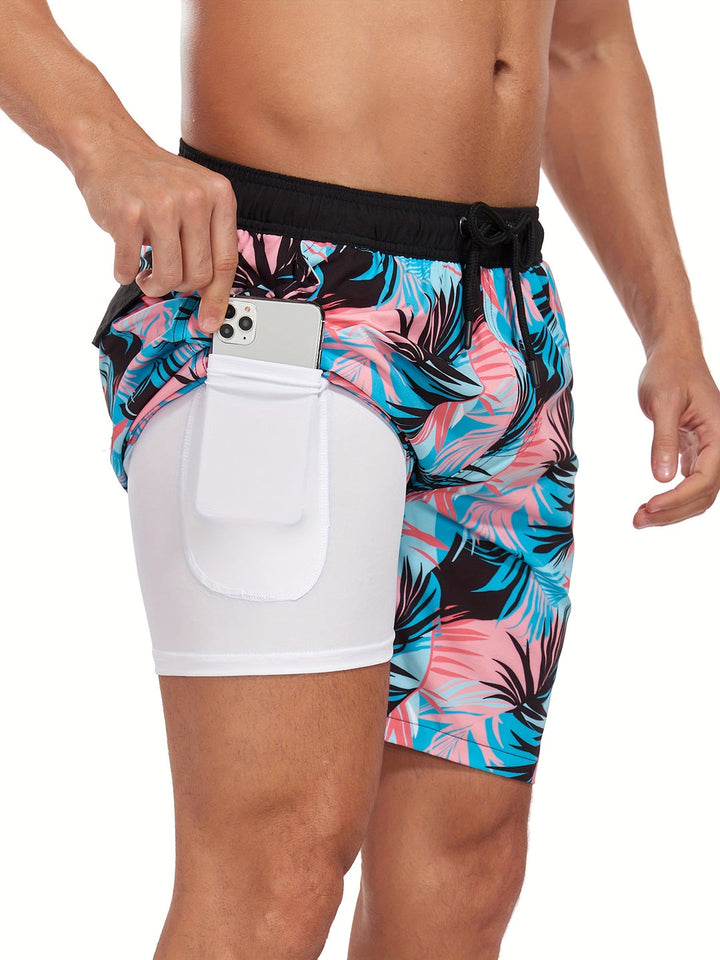 Hawaiian print zwembroek voor heren, met roze flamingo's, trekkoord en sneldrogend materiaal.