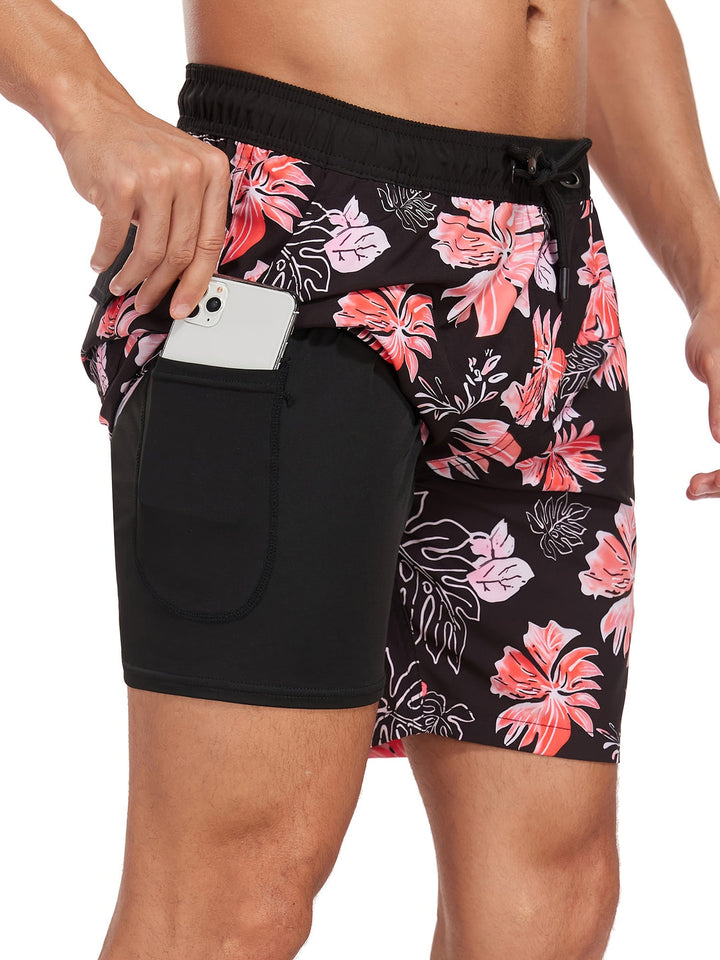 Heren zwembroek met sneldrogende Hawaiian flamingo print en trekkoord, perfect voor strand en zomer.