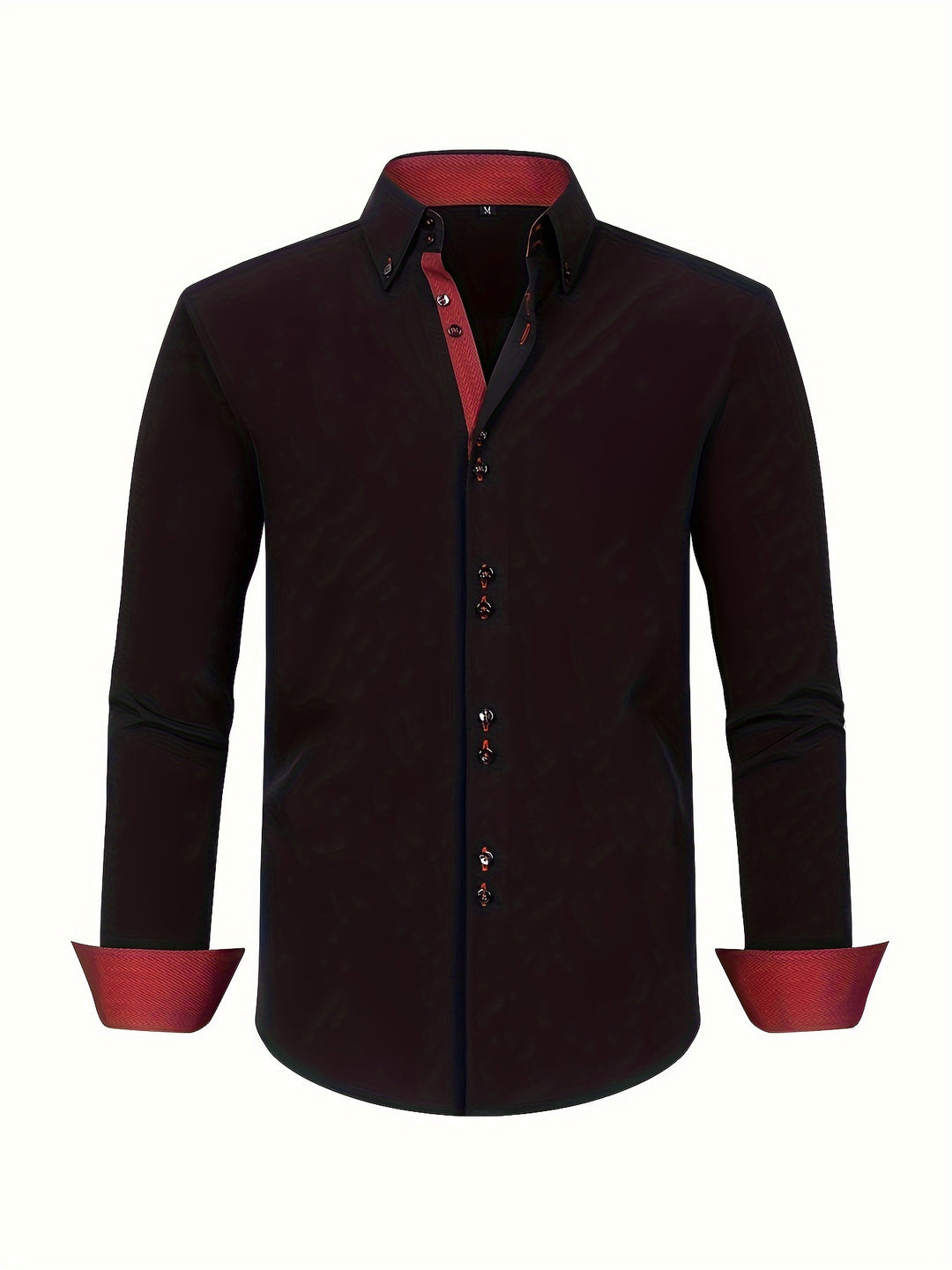 Man draagt een formeel/casual dubbelrijig herenoverhemd met contrastmanchetten, perfecte lentemode kleding.