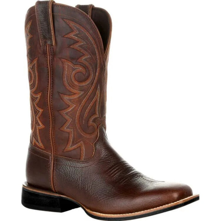 Robuuste heren western cowboy laarzen, stijlvolle bruine enkelboots voor casual of modieuze look.