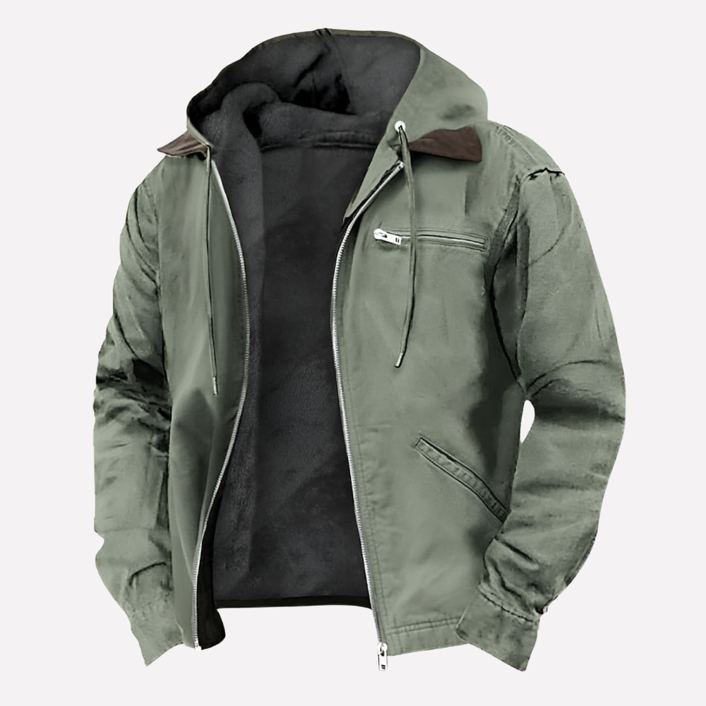 Sportieve heren jas met capuchon en praktische ritszakken, ideaal voor outdoor avonturen en casual look.