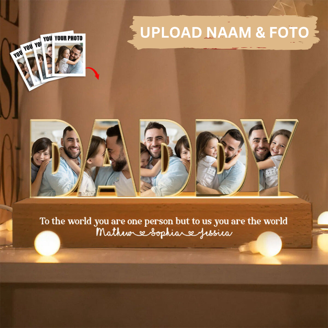Sfeervol LED nachtlampje met unieke gravering, perfect als gepersonaliseerd cadeau voor vaders.