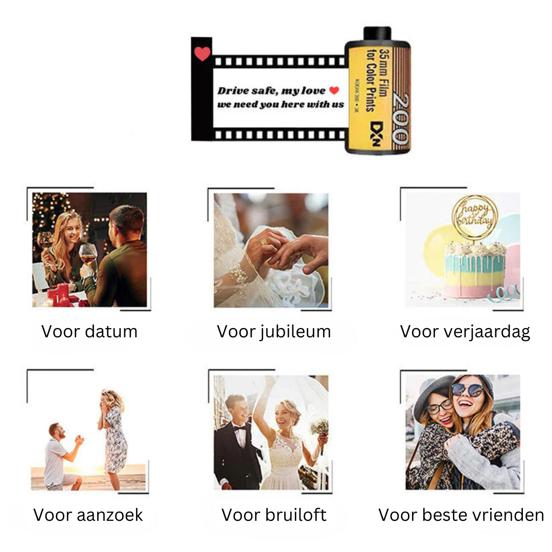 Unieke filmrol sleutelhanger met custom foto's; een attent en gepersonaliseerd sieraad voor al je herinneringen.