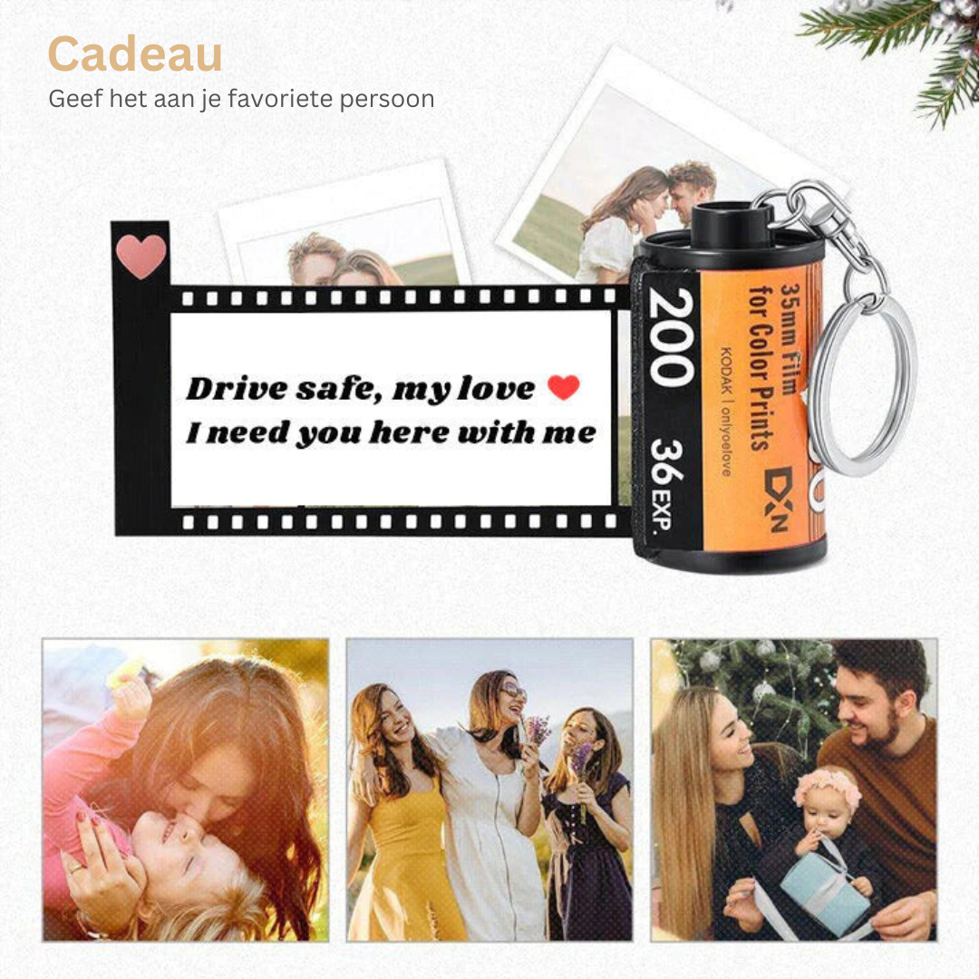 Filmrol sleutelhanger om dierbare herinneringen te koesteren, met jouw persoonlijke fotoselectie, een uniek item.