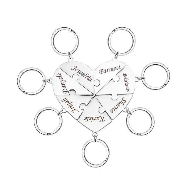Hart puzzel sleutelhanger van roestvrijstaal, samengevoegd en gepersonaliseerd, een uniek relatiegeschenk.