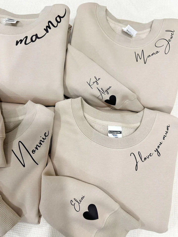 Moederdag sweater met kindernamen, een liefdevol en uniek cadeau.