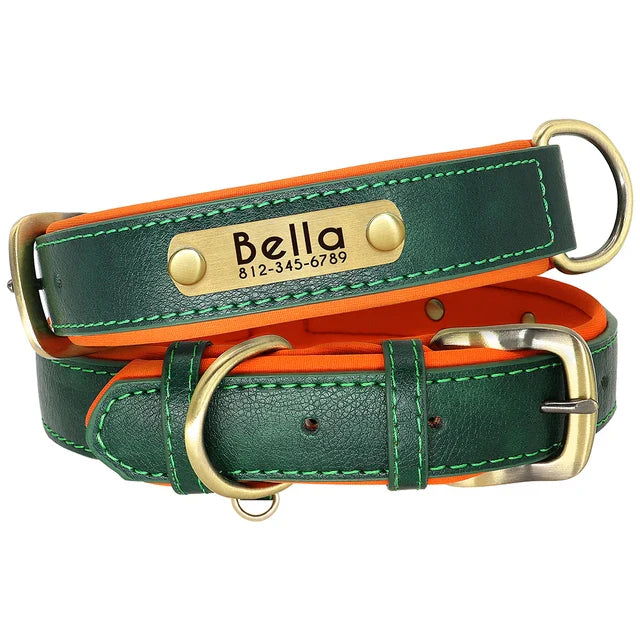 Gepersonaliseerde leren hondenhalsband met gegraveerd naamplaatje, ideaal voor elk ras en comfortabel.