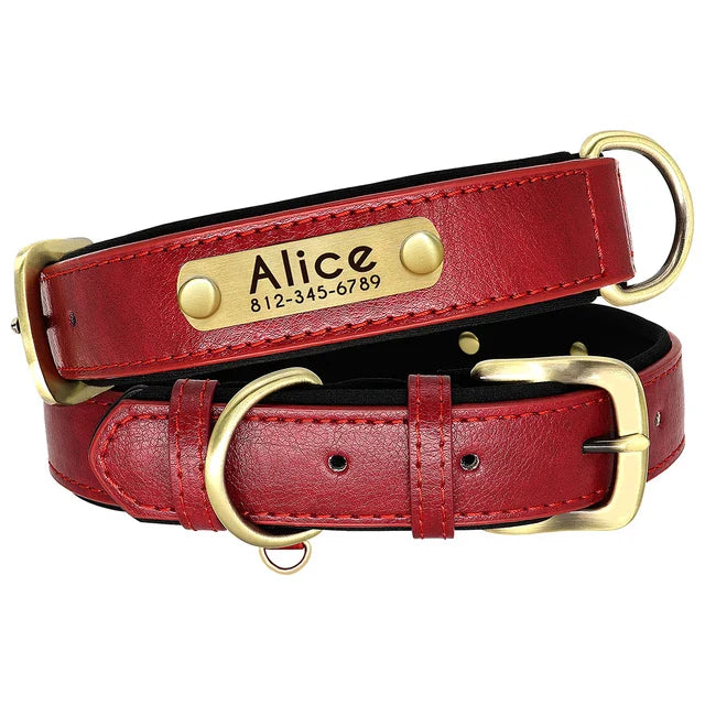 Duurzame leren hondenhalsband, verstelbaar en veilig, met zilverkleurig naamplaatje voor honden.