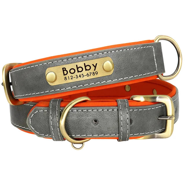 Stijlvolle leren hondenhalsband met naam en telefoonnummer, comfortabel voor dagelijks gebruik, perfect cadeau.