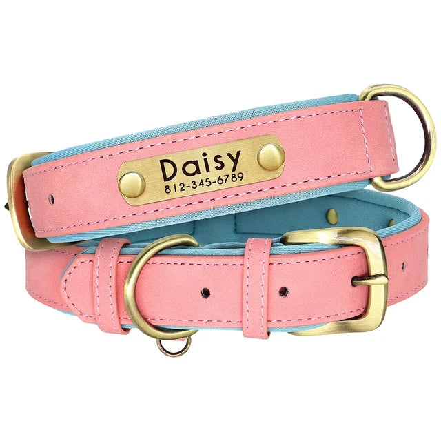 Hoogwaardige leren halsband met stevige gesp en D-ring, inclusief gepersonaliseerd naamplaatje voor honden.