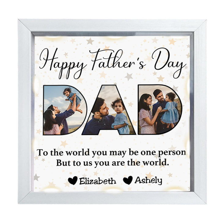 Gepersonaliseerde fotolijst met licht, een betekenisvol Vaderdag cadeau en decoratiestuk.