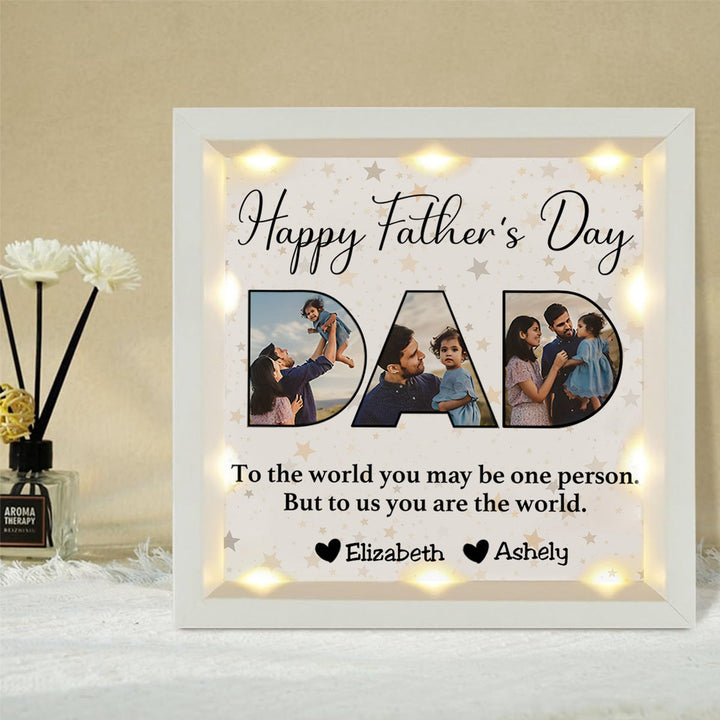 Verlichte fotolijst met eigen foto en tekst, perfect als gepersonaliseerd Vaderdag cadeau en woonaccessoire.