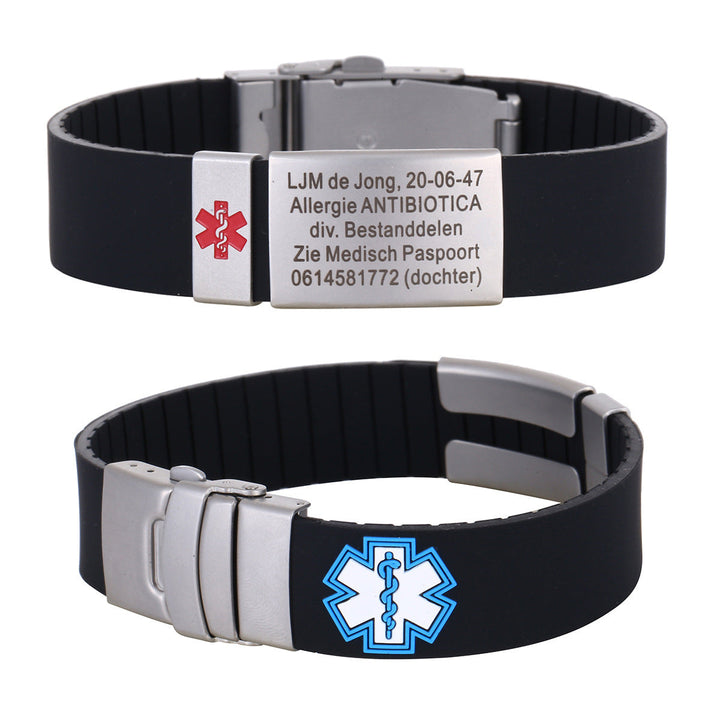Gepersonaliseerde medische ID armband van RVS/siliconen voor noodgevallen. Veiligheid voor mannen en vrouwen.