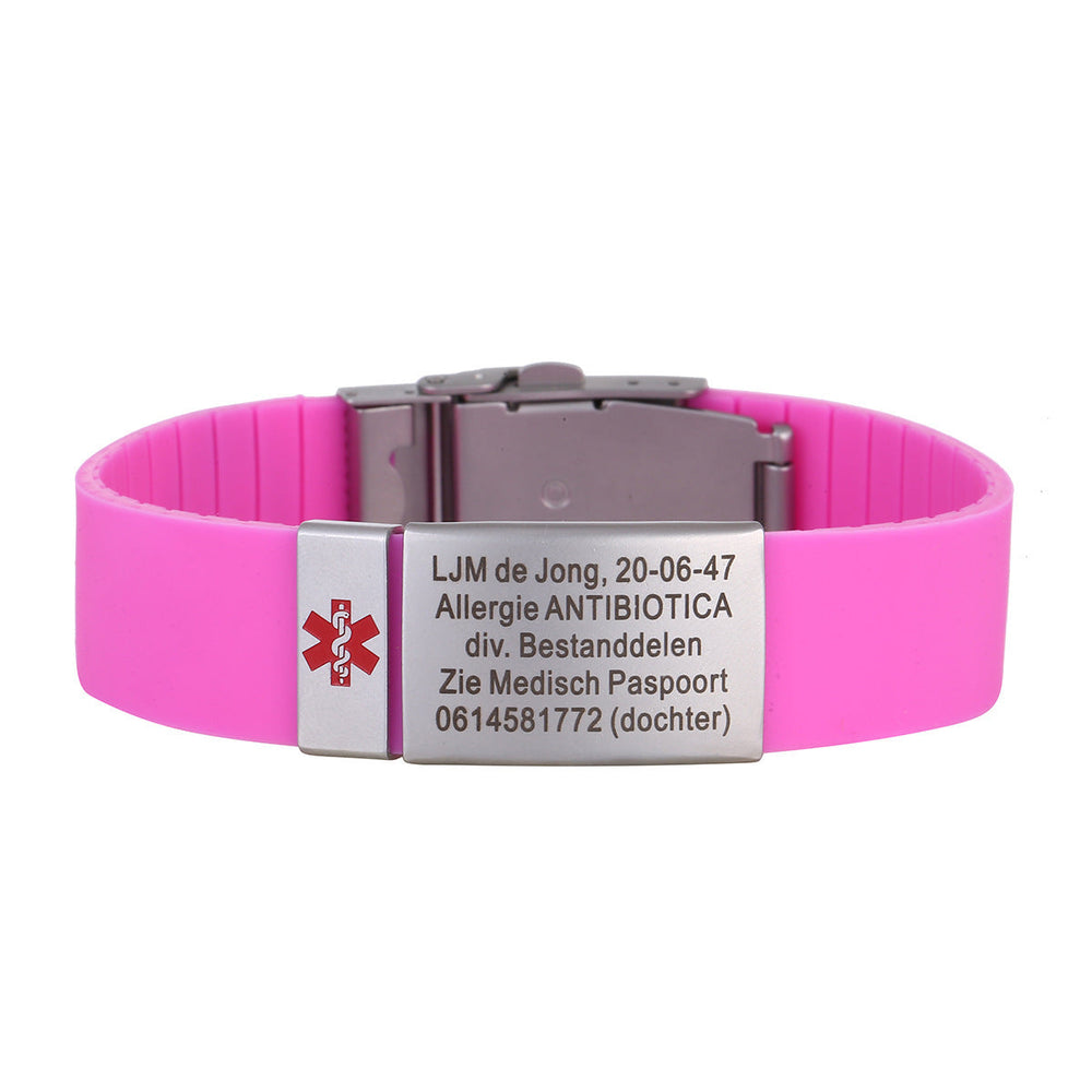 Duurzame siliconen medische armband met graveerbare RVS plaat. Essentieel voor jouw gezondheidsveiligheid.