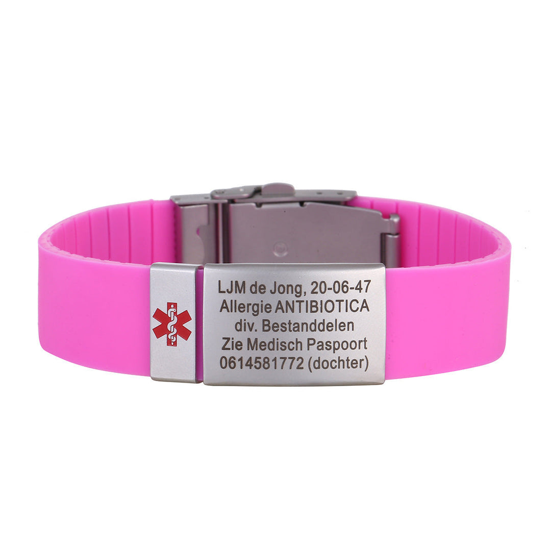 Duurzame siliconen medische armband met graveerbare RVS plaat. Essentieel voor jouw gezondheidsveiligheid.