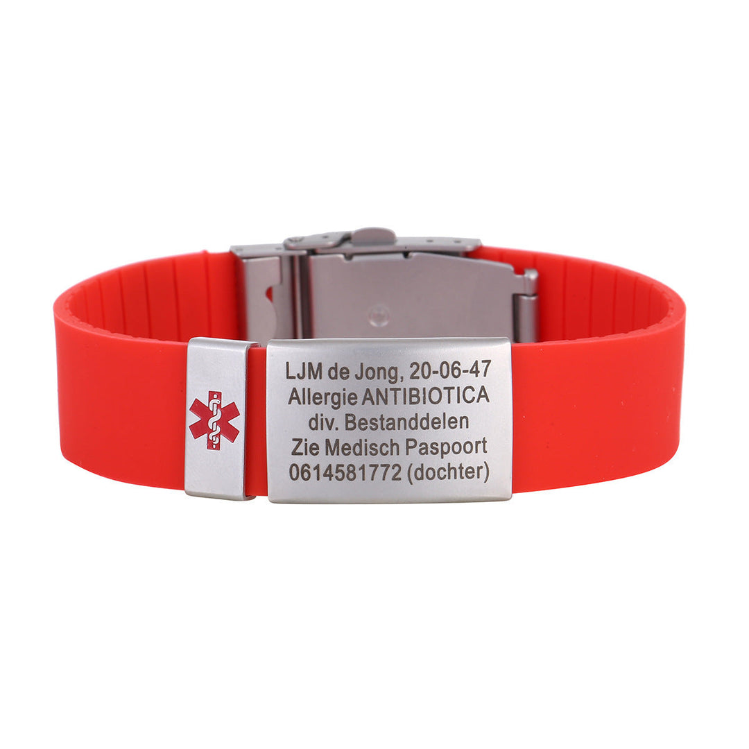 Stijlvolle diabetes veiligheidsarmband, gepersonaliseerd met jouw medische informatie. Unisex design.