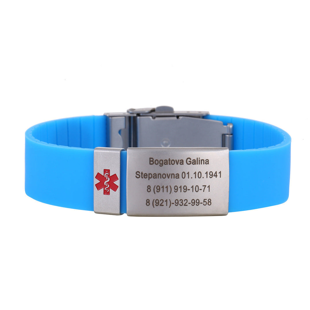 RVS medische ID armband voor noodgevallen, met gegraveerde details. Biedt rust voor patiënt & familie.