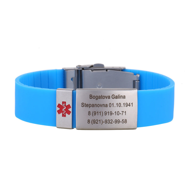 RVS medische ID armband voor noodgevallen, met gegraveerde details. Biedt rust voor patiënt & familie.