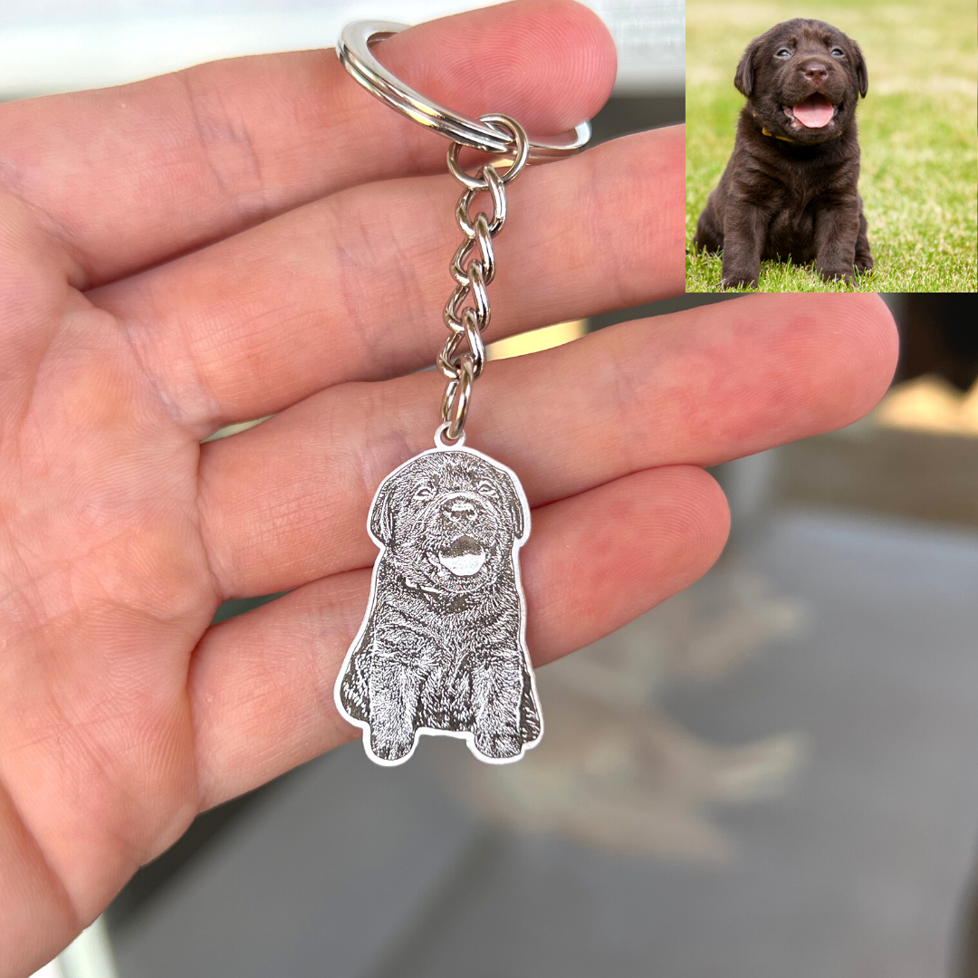 Roségoudkleurige sleutelhanger met foto van je huisdier. Perfect gepersonaliseerd cadeau voor dierenliefhebbers.