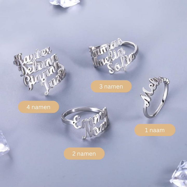 Elegante roestvrijstalen naamring met unieke persoonlijke gravering. Unisex en tijdloos sieraad.