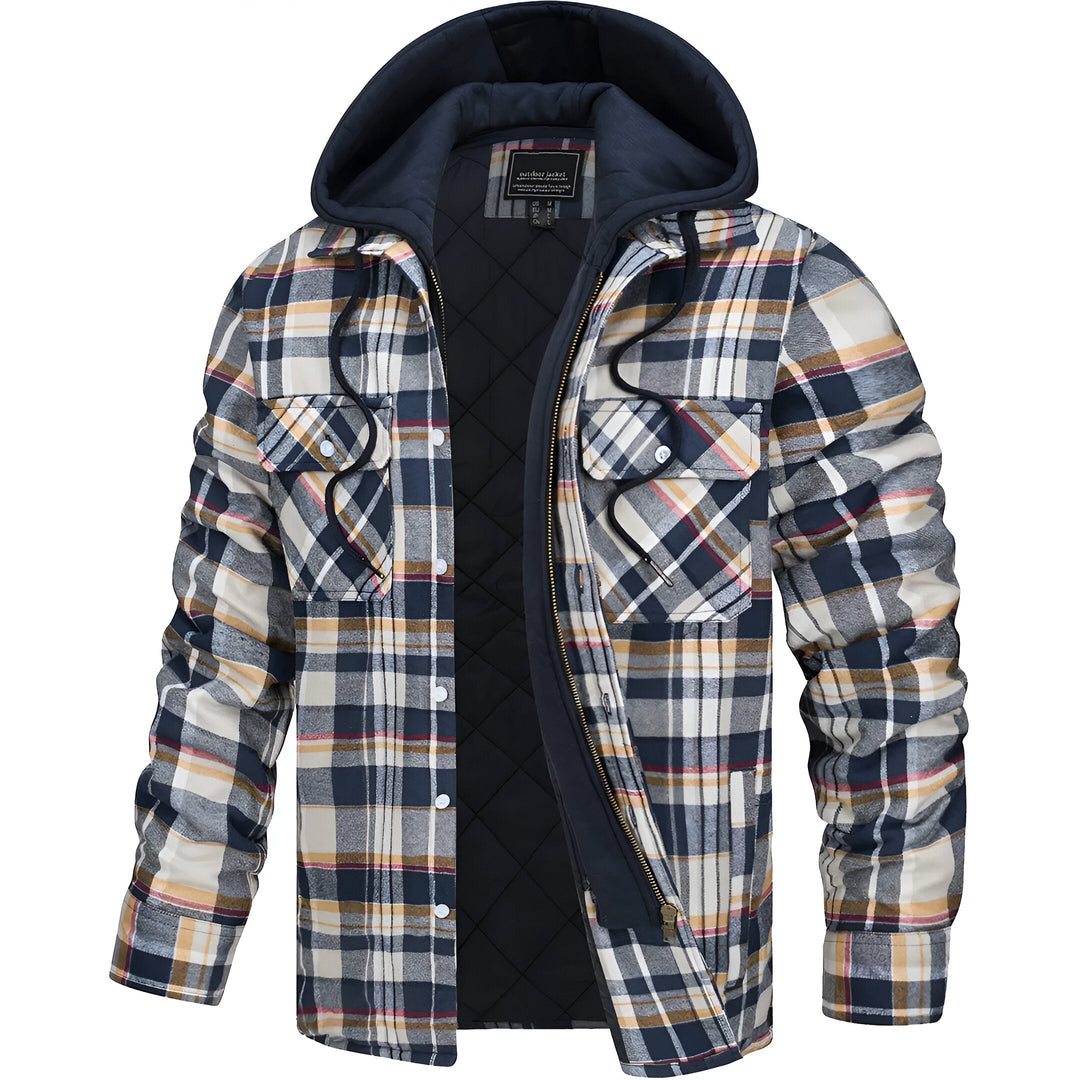 Stijlvolle geruite jas voor heren met capuchon. Trendy casual bovenkleding voor winterse dagen en outdoor comfort.