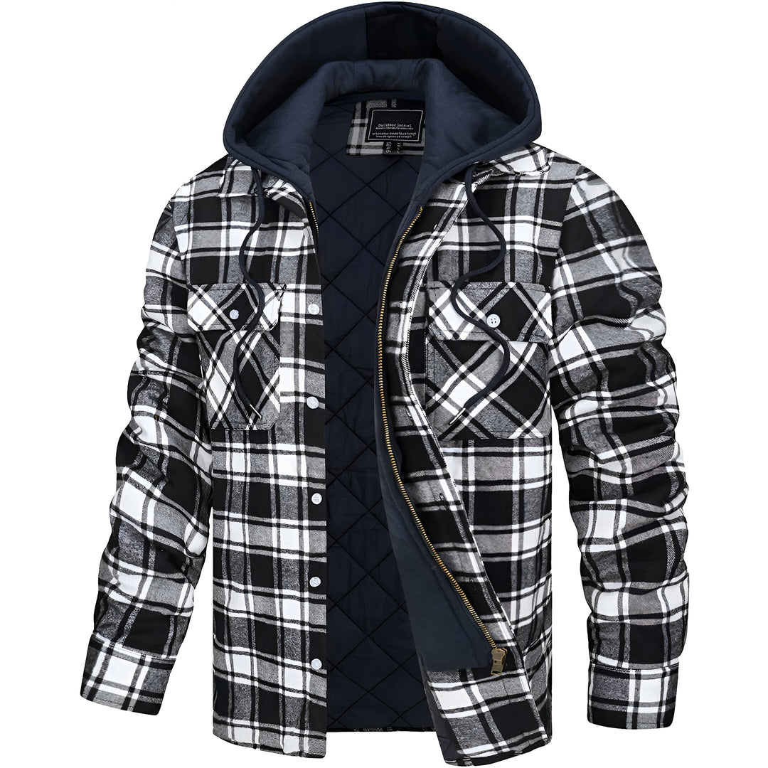 Moderne geruite herenjas met capuchon. Warme en comfortabele bovenkleding, perfect voor de winter en casual stijl.